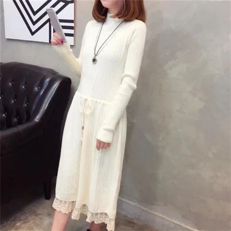 Otoño Invierno Semi alto cuello longitud media estilo ropa de mujer nuevo encaje sobre la rodilla todo-fósforo moda coreana vestidos tejidos