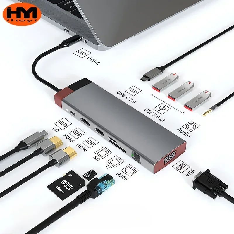 Usb Hub 3.0 12 IN 1Type-c PD100W Fast Charging Docking Station 2HDMI 4KHD RJ1000Mbps VGA1080P For Xiaomi Lenovo Huawei Macbook