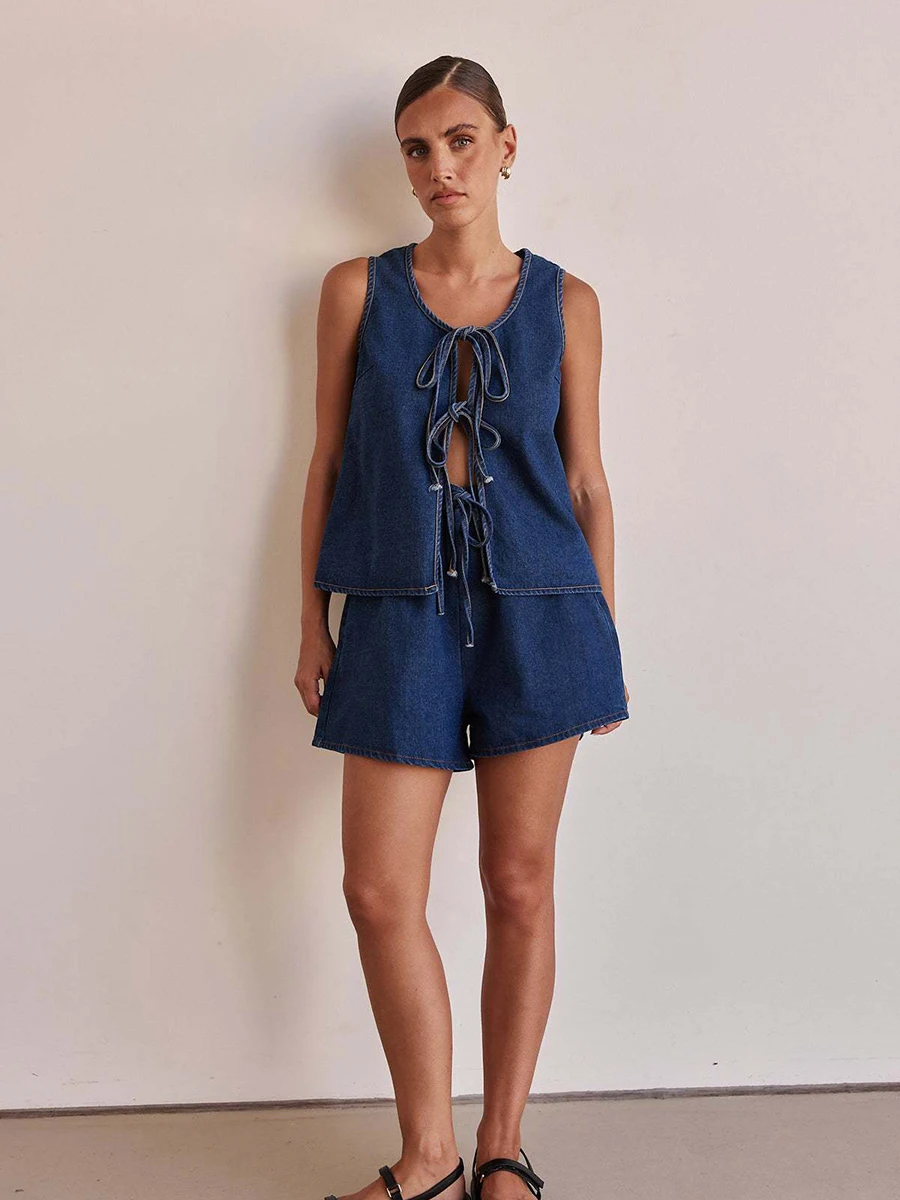 วินเทจฤดูร้อน 2 ชิ้นชุดผู้หญิงStreetwear Leisure LACE-up DENIM TOPและกางเกงขาสั้นแฟชั่นกางเกงยีนส์ชุดชุด