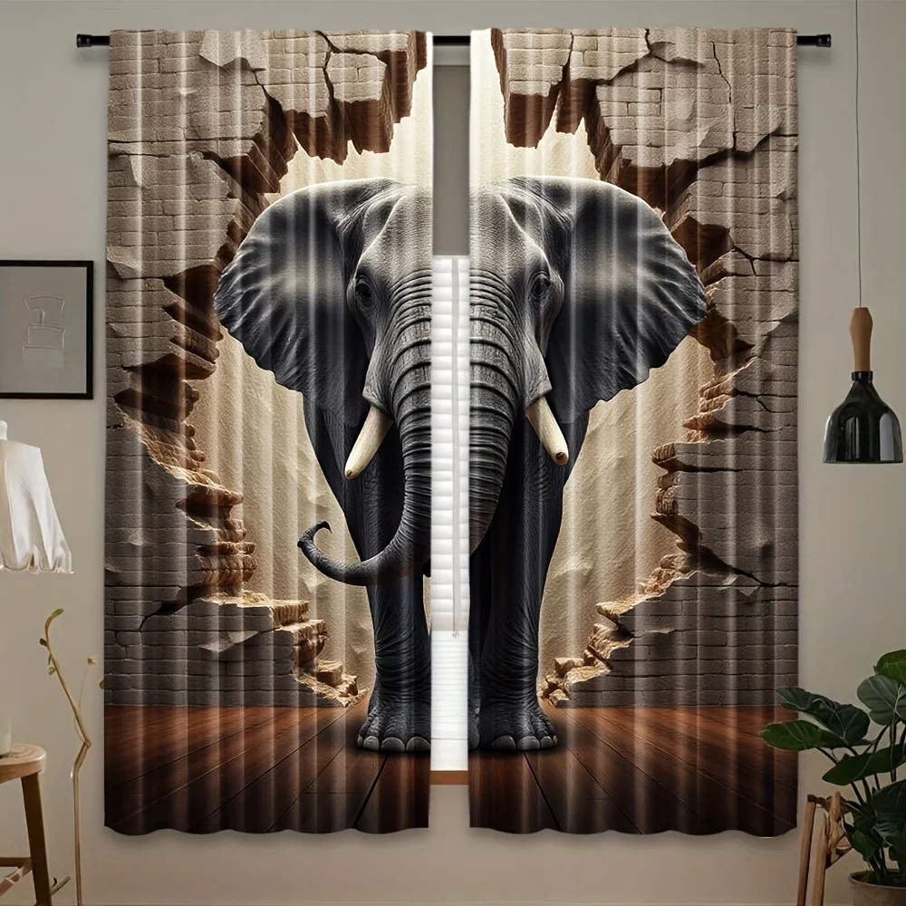 

2pcs Elephant Curtains 3D Broken Wall Effect Window Drapes Safari Animal Living Room Decor Realistic Visual Illusion