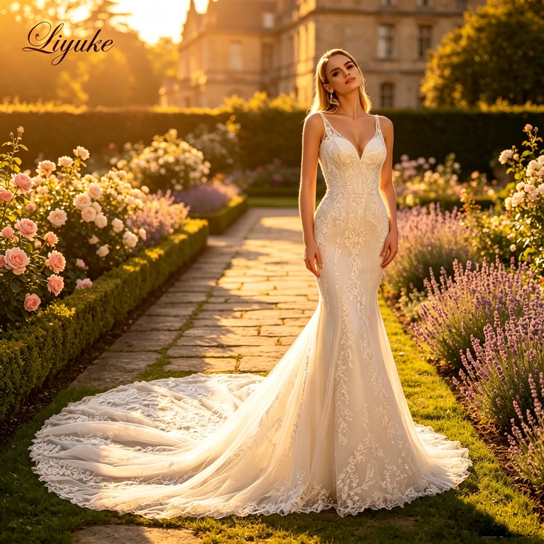 Liyuke Custom Made Charming Style V-Neck Mermaid Wedding Dress Beauty Lace Vestido De Noiva Spaghetti Straps Trumpet Bride Gowns
