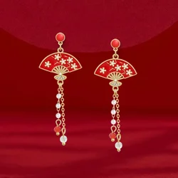 2025 Chinese New Year Red Earrings for Women Traditional Spring Festival Fan Shape Pearl Tassel Luxury Jewelry Retro Design Gift