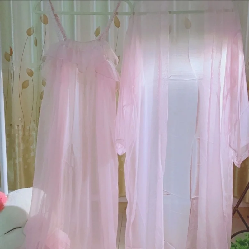 

Прозрачный комплект мягкого платья из ледяного шелка для пары, шелковистое гладкое ночное платье с рюшами и длинными рукавами, домашняя одежда, пижамы