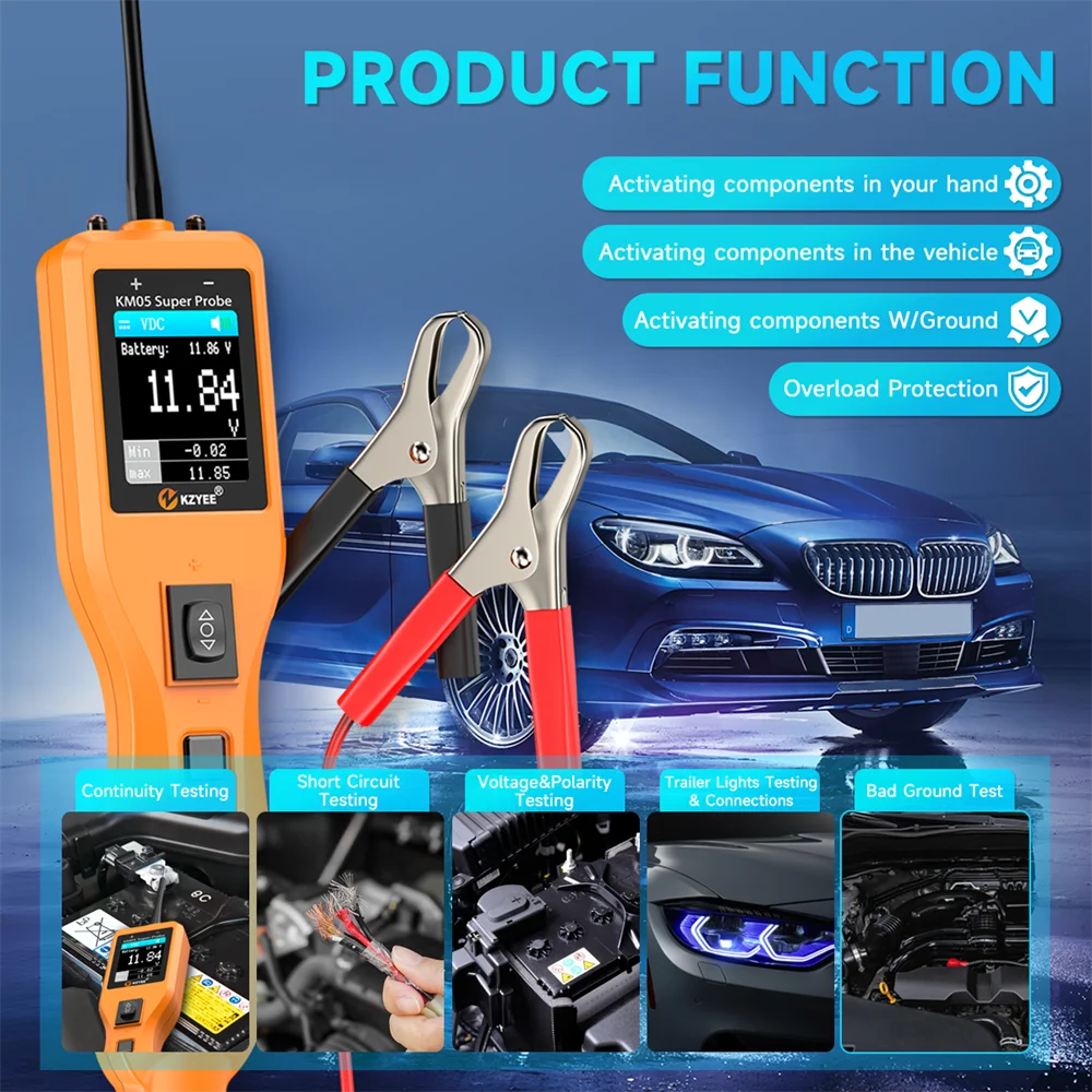 KZYEE KM05 Automotive Circuit Tester 12V 24V Digital Voltage Power Circuit Probe Kit Short Finder Electrical Diagnostic Tool