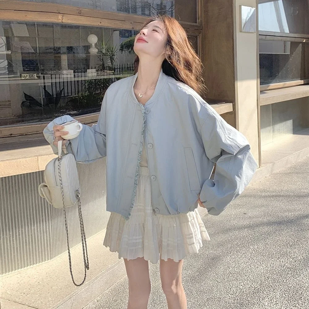 Women's Pale Blue Lace Edge Cropped Baseball Jacket 2026 Spring Korean Style Thin Outerwear