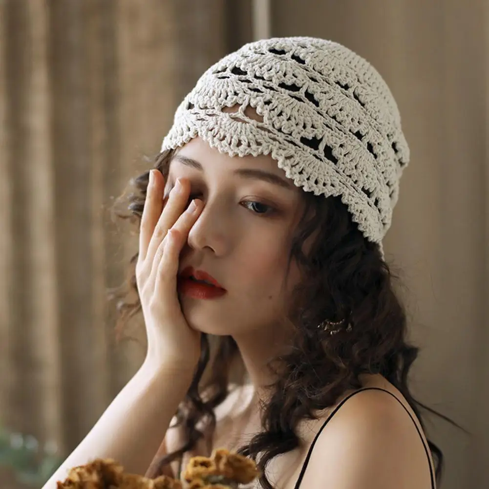 Ladies Hat Hollow Out Lace Manual Crochet Knitted Elastic Jacquard Beanie Breathable Decorative Women Beanie Anti-slip Cap