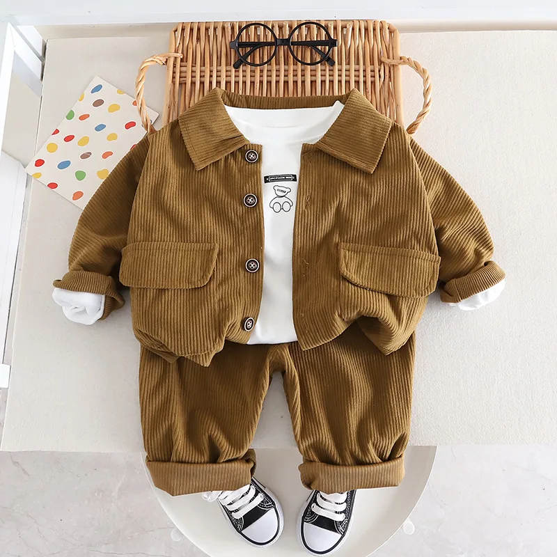 

2025 New Children Set Spring and Autumn Korean Edition Boy Corduroy Casual Coat T-shirt Long Pants Fashion New Kids garments