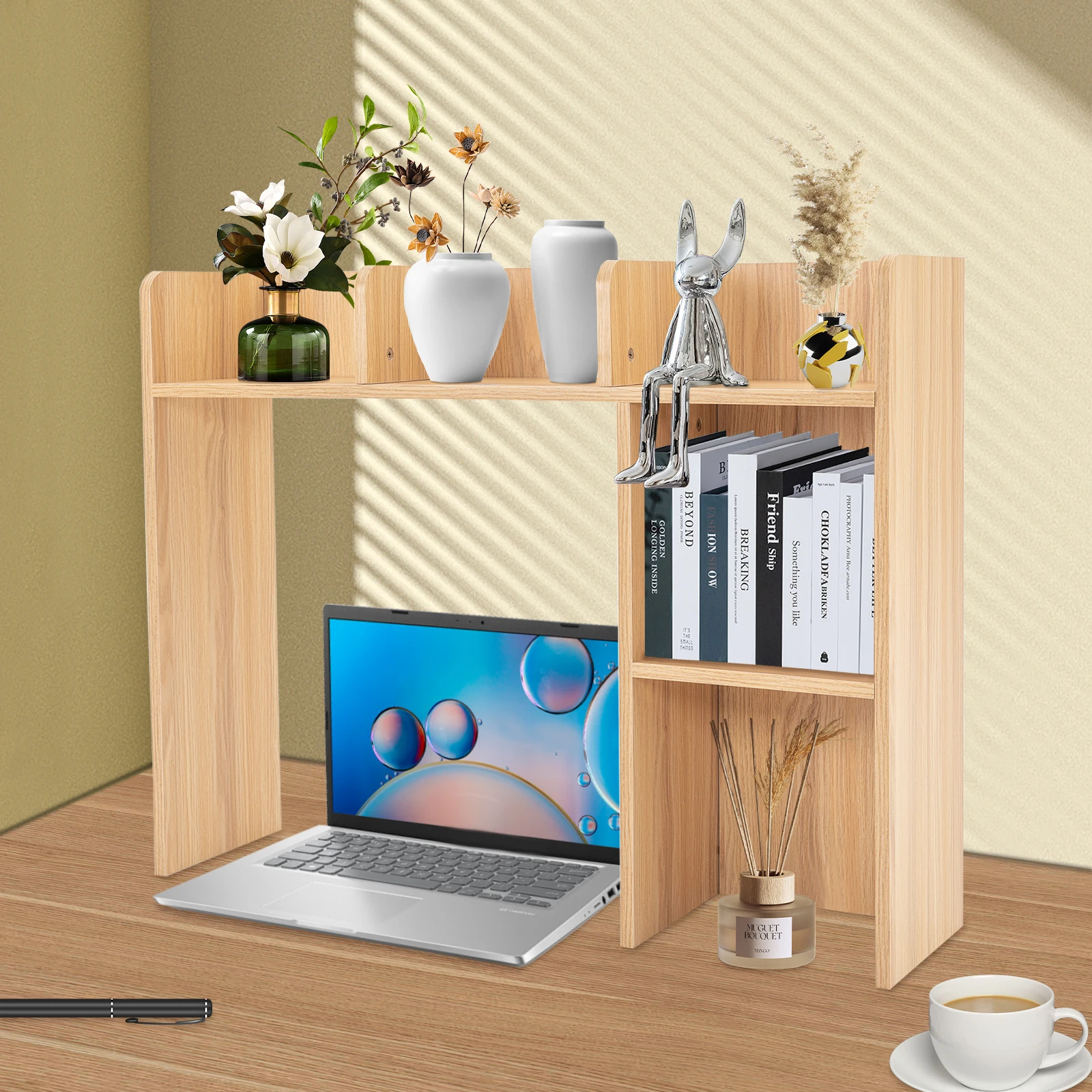 

3-Layer Desktop Storage Rack Wooden Office Computer Desk Storage and Collocate of Household Items Natural Wood Color