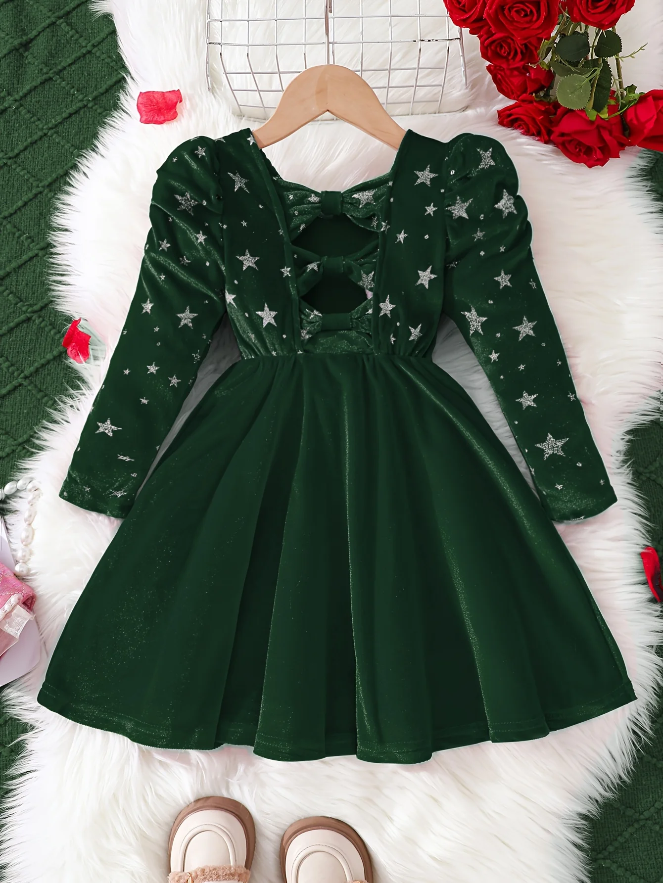 3-7 Year Old Girls' Autumn and Winter Casual Fashion Knit Soft Velvet Silver Star Print Long Sleeve Puff Sleeve Back Bow Mesh Dress Party Dress Gift