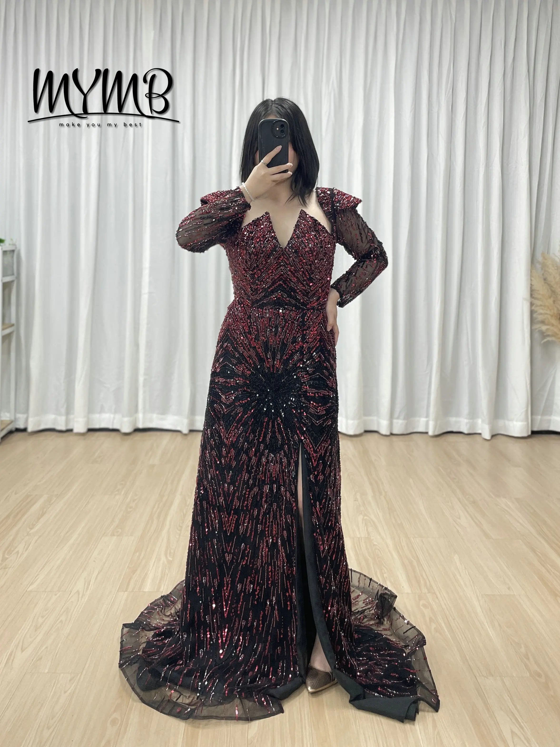 

MYMB Элегантное женское вечернее платье трапециевидной формы, официальное красное вечернее платье с длинными рукавами, расшитое бисером и блестками для мусульман, большие размеры MY30194