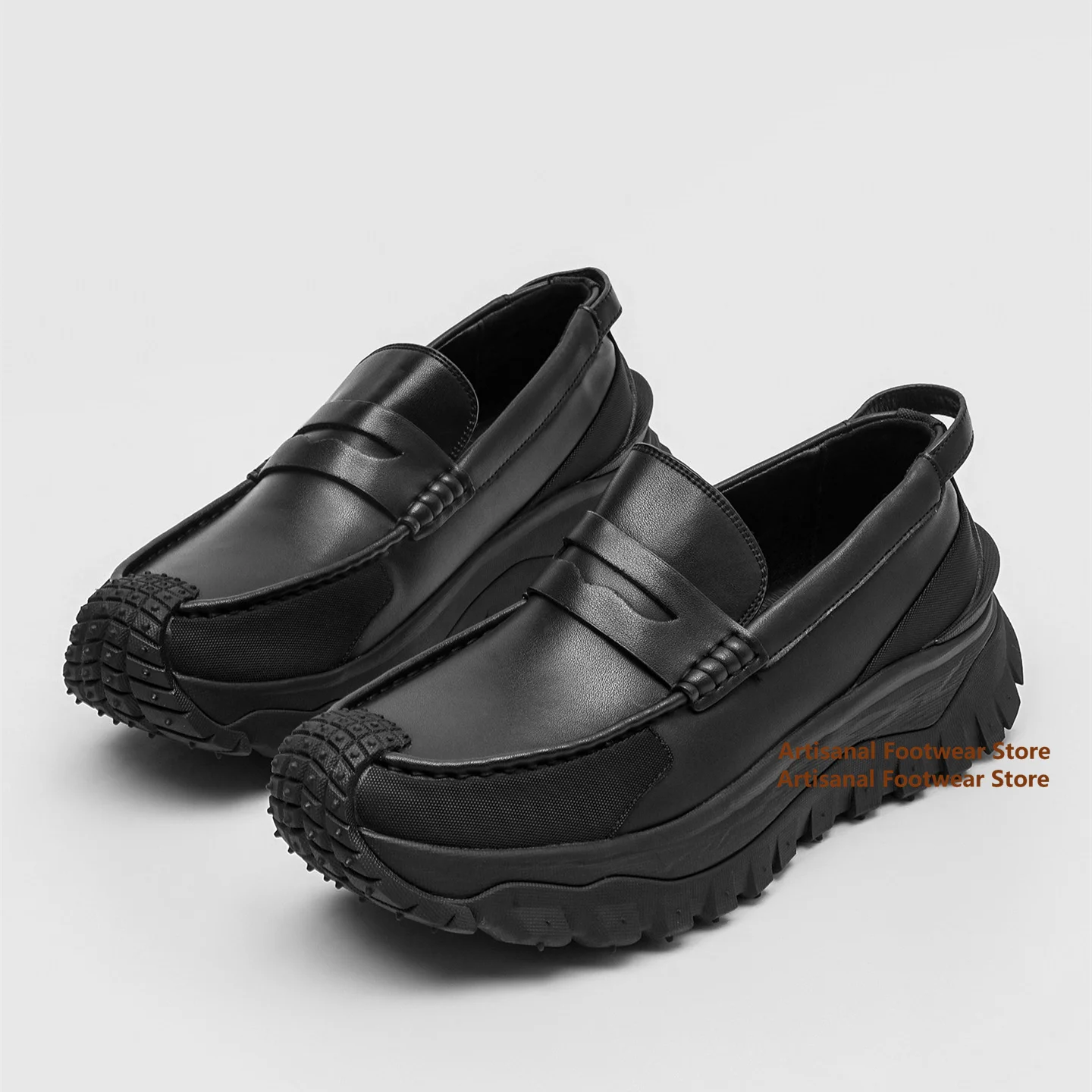 Tire Soles Thick-Soled Men's Shoes Black Leather Increasing Height Loafers Trendy Casual Leather Shoes Handmade Men's Shoes