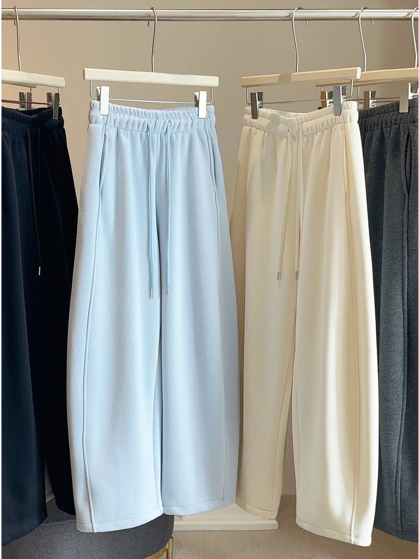 Blue Thickened Fleece Warmth Sport Pants Women Autumn Winter High Waist Draping Wide Leg Fleece Nano Knife Pants
