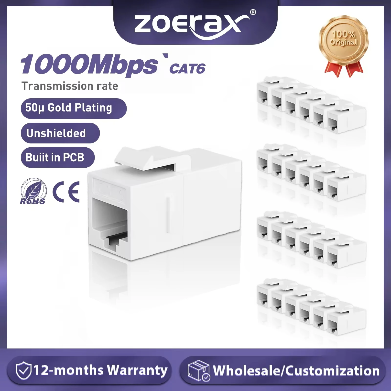 ZoeRax RJ45 CAT6 Coupler Keystone Female to Female Insert Coupler, UTP CAT6 Keystone Inline Coupler White