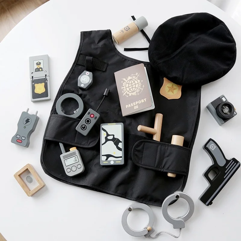 

Children Pretend Play Toy Simulation Police Cosplay Roles Play Educational Wooden Toy For Boy Dressing Imitation