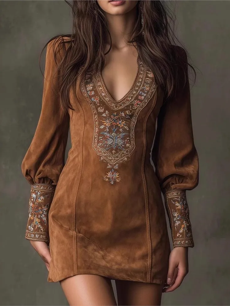 

Y2k Retro Fashion Printed Dress Woman's Summer Sexy V-neck Slim Mini Dresses Ladies Foreign Style Elegant Long Sleeves Vestidos