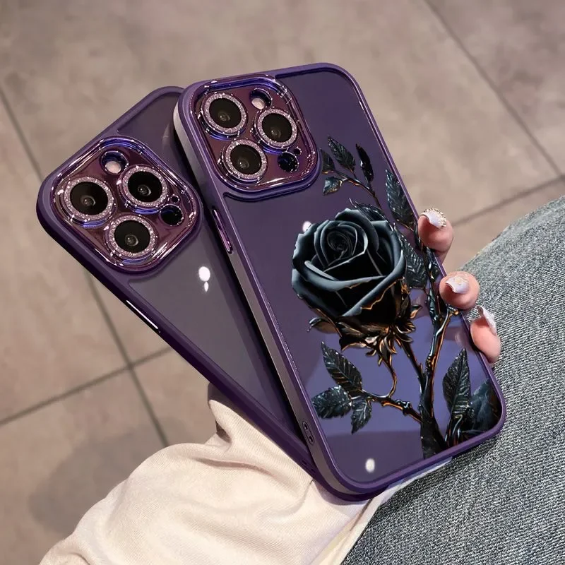 

For iPhone 17 Pro Case transparent Dark Purple Black Rose Case for iPhone 17 16 15 14 13 12 11 Pro Max Cases Glitter Camera