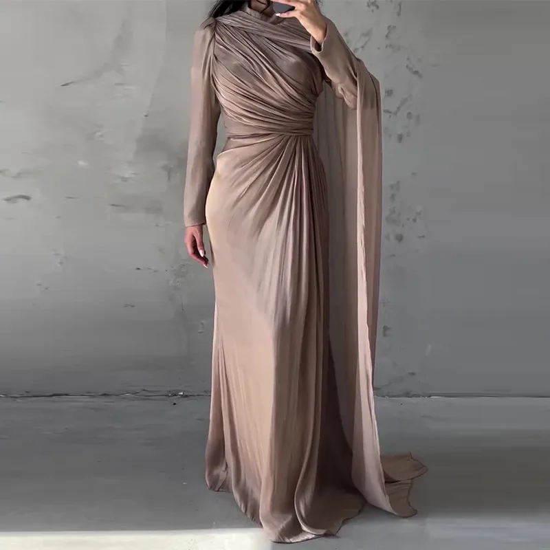 여성 패션 하이웨이스트 드레이프 롱 드레스 캐주얼 언밸런스 솔리드 컬러 슬림 가운 드레스 우아한 O넥 긴팔 가을 드레스