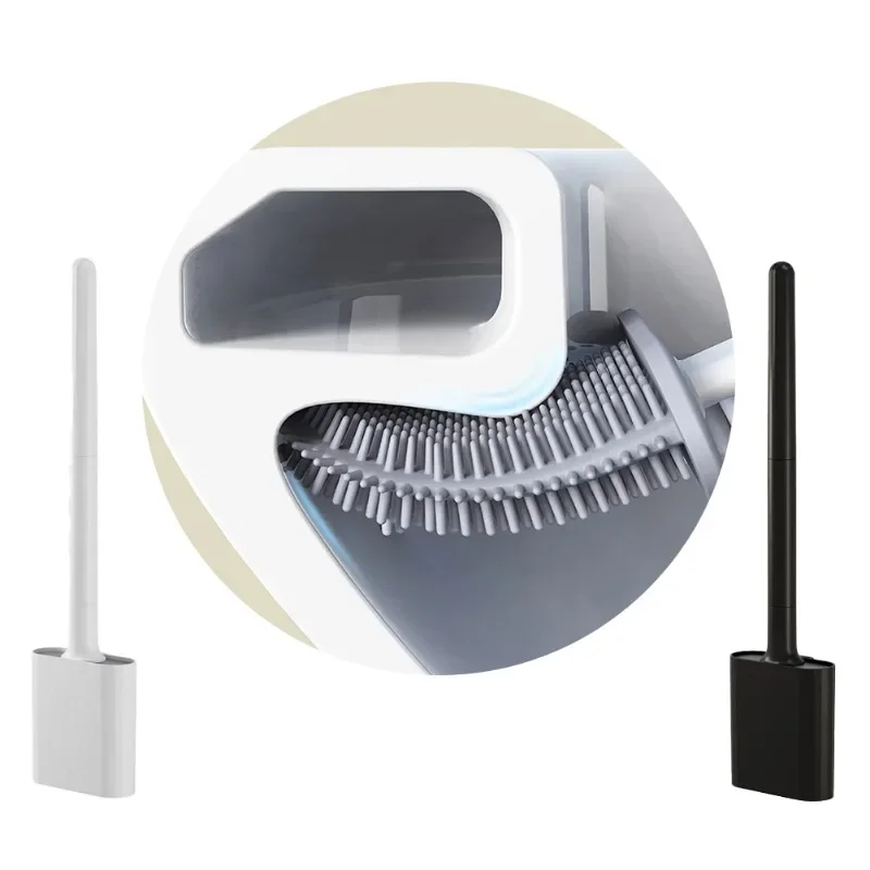 Black Silicone Toilet Brush with 360° Flexible Head & Quick-Dry Holder - Long Handle for Deep Cleaning Small Bathrooms/RV Anti