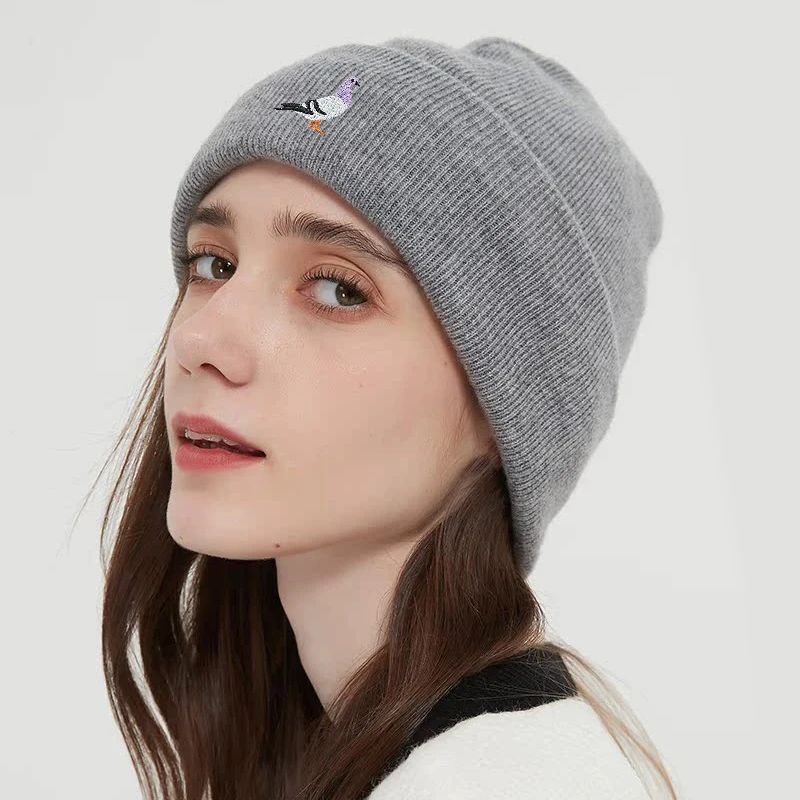 Strickmützen für Herren und Damen für Herbst und Winter, warmer Pullover mit Taubenstickmuster, randlose Wollmütze