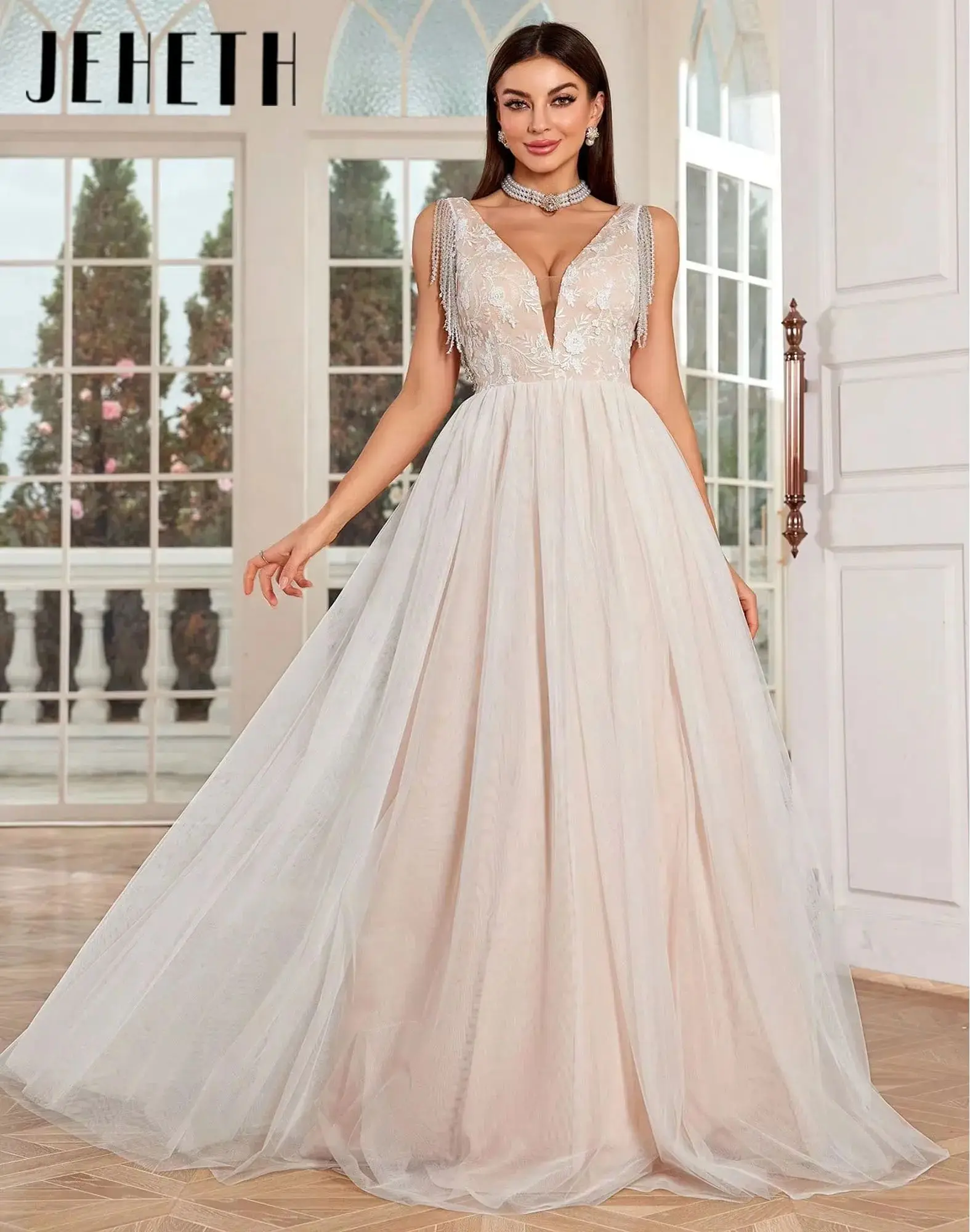 

JEHETH Elegant Deep V-neck Sleeveless Evening Dresses Wedding Party Dress Women Luxury Robe Prom Gown Formal Customized
