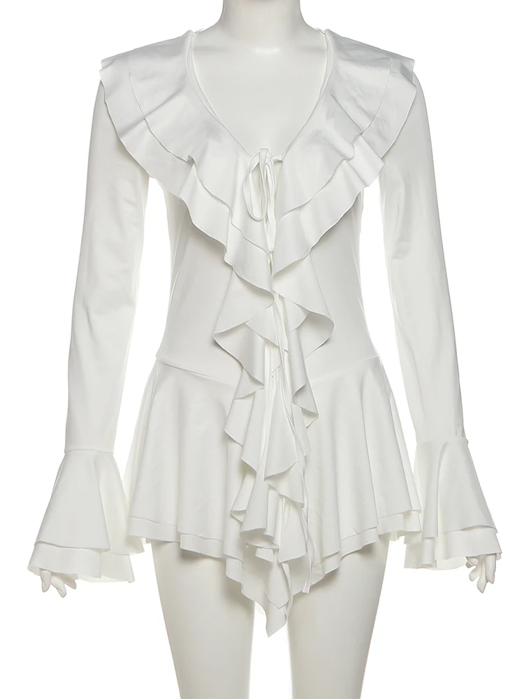 Nibber vestido de manga larga feminino com decote em v em camadas bainha irregular bandagem estiramento sólido elegante festa de aniversário chique mini bodycon