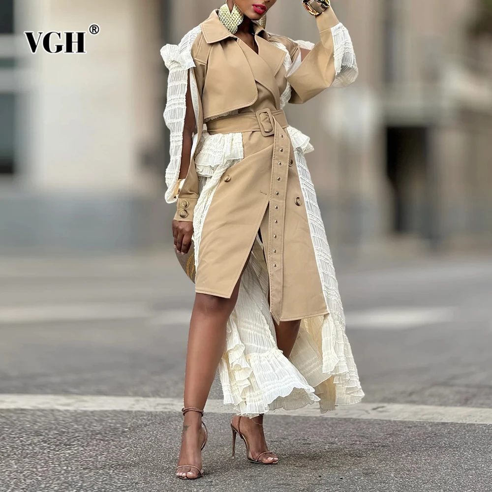 

VGH Hit Color Irregular Midi Length Style Coat for Women Lapel Long Sleeve Patchwork Sashes Slimming Elegant Trench Female New