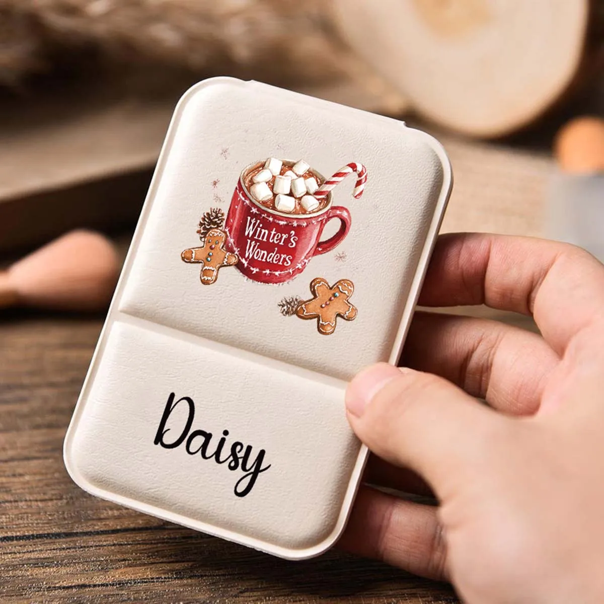 1 piece engraved customized makeup mirror Retro Artistic PU Leather Office mini folding mirror Exquisite and portable PU leathe