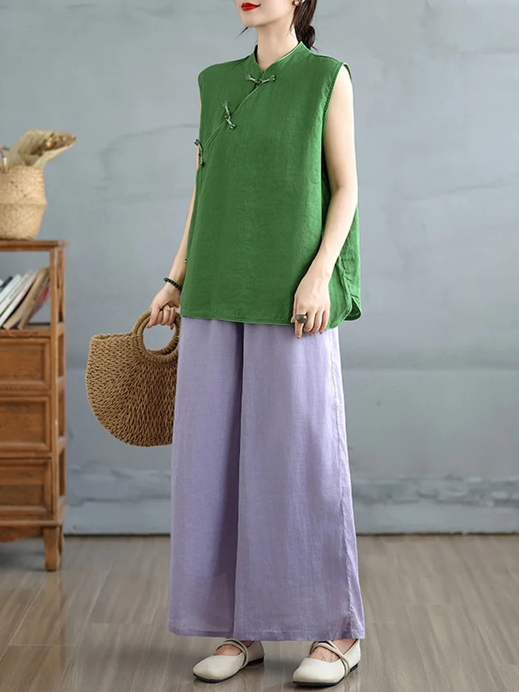 

Elegant Chinese Style Women's Fashion Set Sleeveless Wide Leg Pants Two-Piece Suit Lightweight Breathable Casual Workwear
