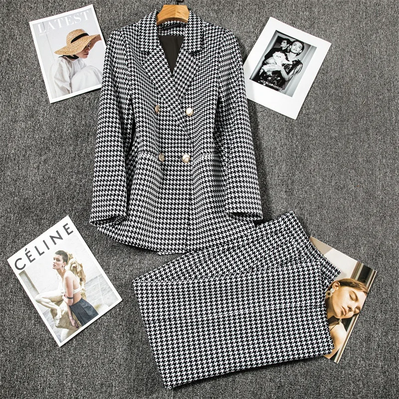 

Spring Commute Women's Checkered Suit Two-Piece Set Long Pants Outfit Thin Polyester Fabric Casual Chic Business Wear