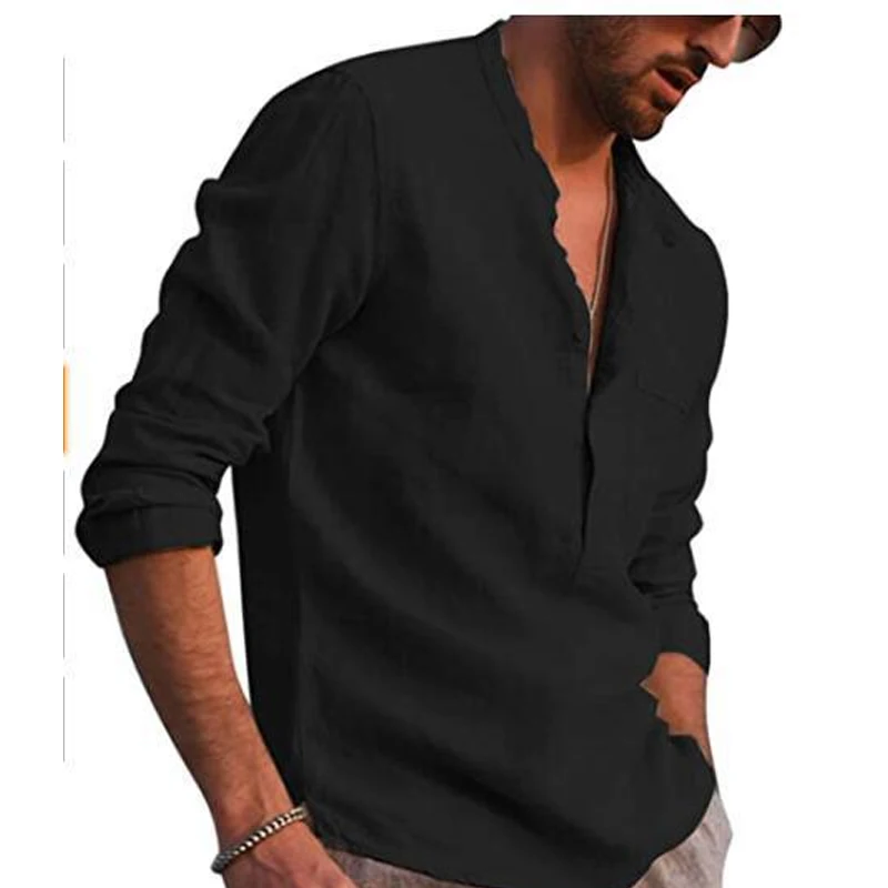Spring Autumn New Solid Color Round Neck Button Long Sleeve Shirt Man Casual Loose Cotton Hemp All-match Comfortable Pullovers