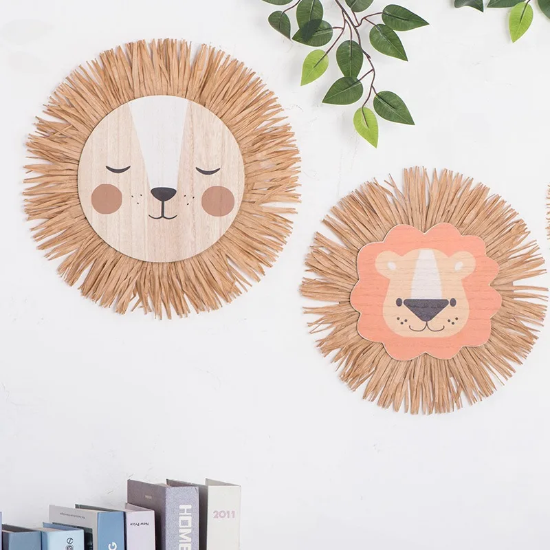 Nordic Nursery Decor Children’s Room Cartoon Lion Tiger Head Pendant Colorful Handmade Woven Wall Hanging Home Decoration