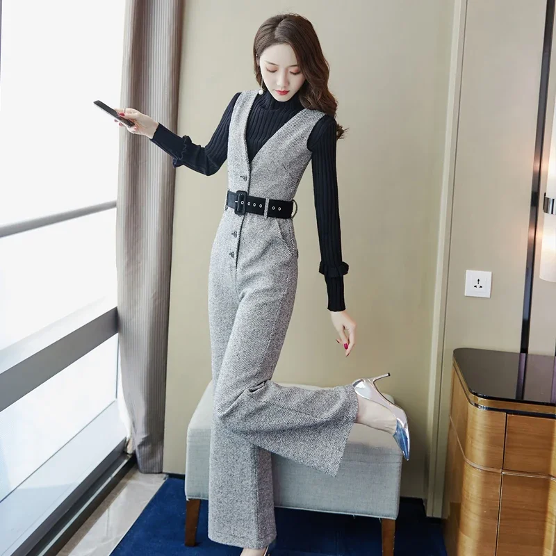 

Office Lady Houndstooth Jumpsuit Women Spring Autumn High Waist Jumpsuits With Belt Combinaison Femme Elegant Overalls Z550