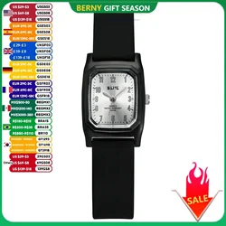 Berny Men/Girl Quartz Watch Rectangular Silicone Strap Easy Read Dial Square Fashion Wristwatch Stainless Steel Cover Waterproof