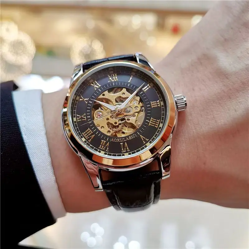 Elegant Men's Automatic Mechanical Skeleton Watch—Leather Strap, Roman Numeral Dial, Automatic Movement, Suitable for Both Business and Casual Wear, Ideal Gift for Young Men, Business Casual Men's Watch |   Hollow Design Wristwatch |   Durable