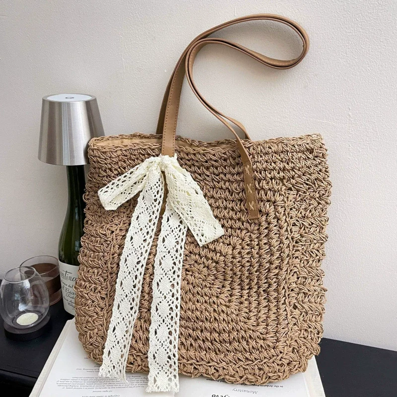 

Винтажная соломенная плетеная сумка через плечо для покупок, повседневная женская летняя вместительная сумка-тоут, модная пляжная сумка-клатч для женщин