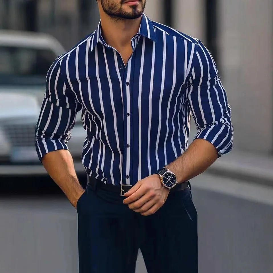 

2025 New Mens Shirt US EU Thin Lapel Stripe Print Casual Four Way Stretch Long Sleeve Autumn Winter Fashion Top