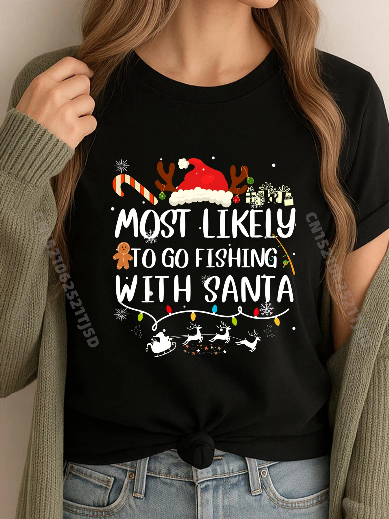 

Самая Likely To Go Fishing With Santa Fishing Рождественские футболки с рисунком Женская стираная футболка