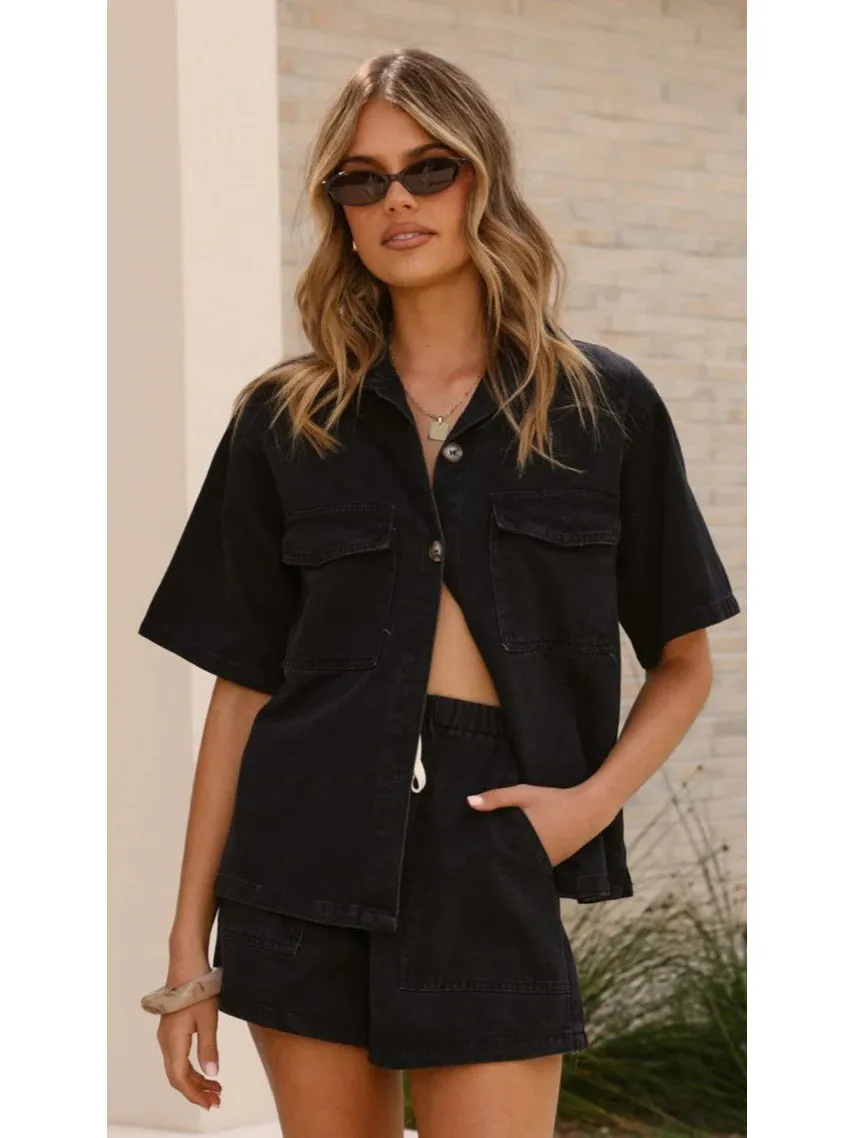 طقم نسائي من قماش الدنيم irt and orts ort Sve عالي الخصر مستقيم الساق Faion صيفي غير رسمي مكون من قطعتين