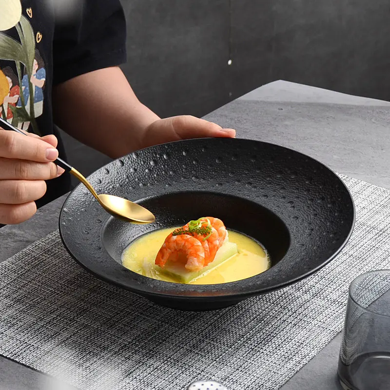 Creative Slanted Black Ceramic Plate Home Soup Bowl Hotel Restaurant Tableware Salad Bowl Dessert Pasta Plate Kitchen Utensils
