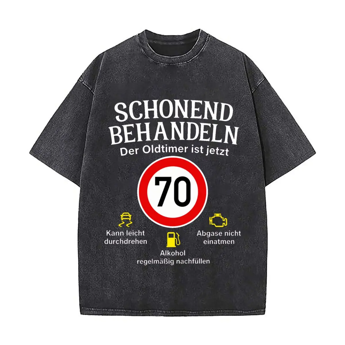 70 Oldtimer Car Warning Symbol Design Vintage Distressed Loose Streetwear Tops for Campus Days