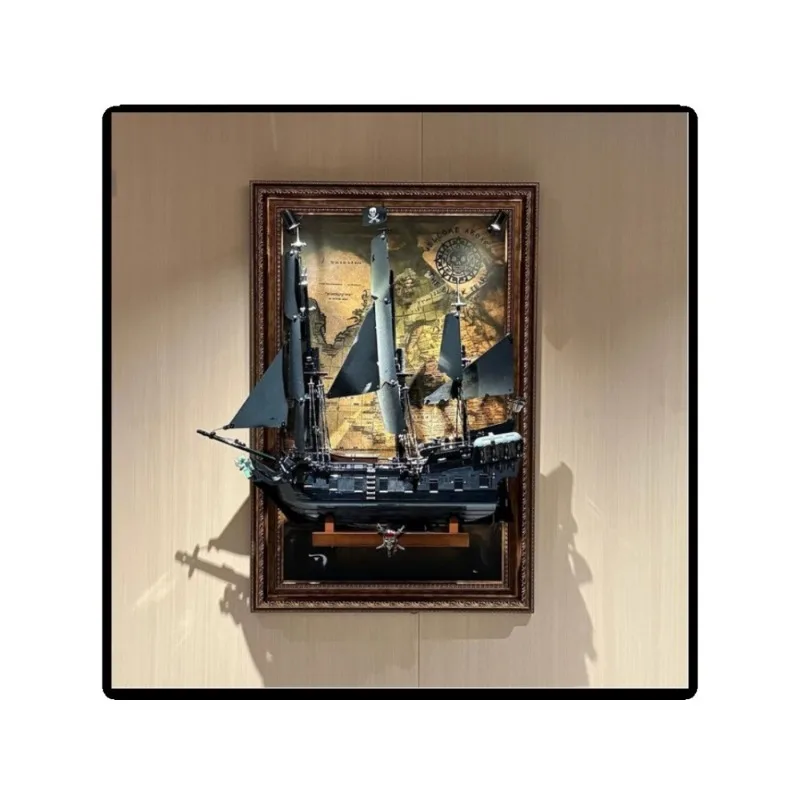 American retro wall-mounted display storage frame for large vintage pirate sailing ship building block model