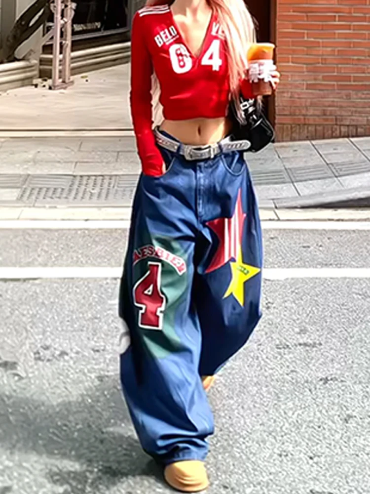 

Большие размеры, американские ретро популярные девушки, лоскутные джинсы с принтом, женские летние широкие брюки с завышенной талией, свободные брюки длиной до пола с высокой талией