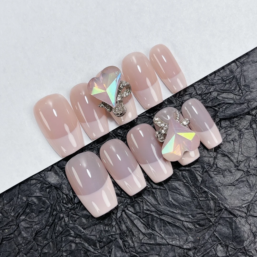 Emmabeauty Purple Heart River Handmade Press On Nails Short Ladder Nude Ice Transparent High-end New White Nail Stickers.