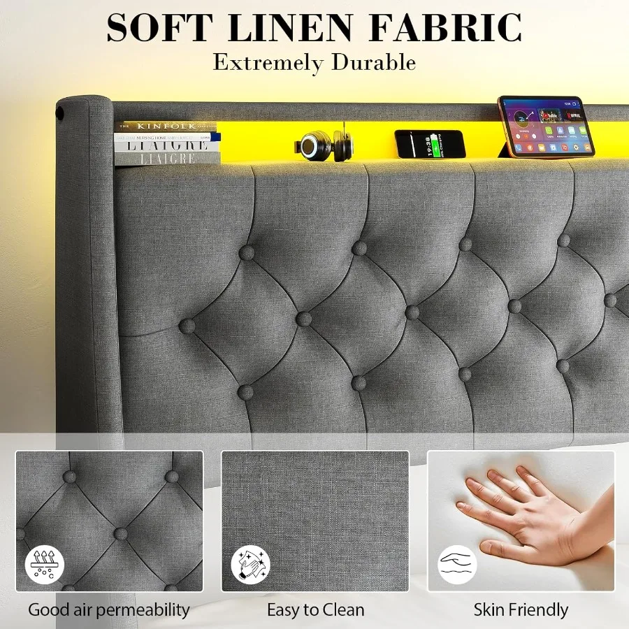 Queen Size Bed Frame with 4 Storage Drawers and LED Lights for Modern Bedrooms Upholstered Headboard with Built-in Charging Sta - Image 5