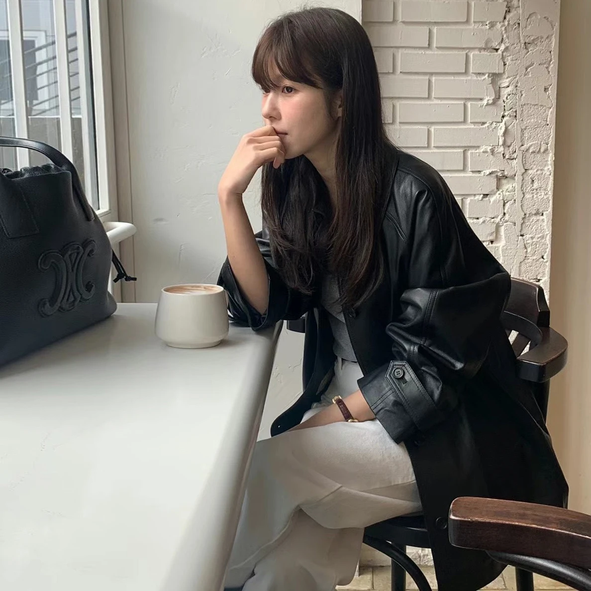 Allentato Bla PU Pelle Jaet Donna Primavera Autunno Faion Street Sle Design retrò Lungo Sve Cappotto da abito Capispalla casual