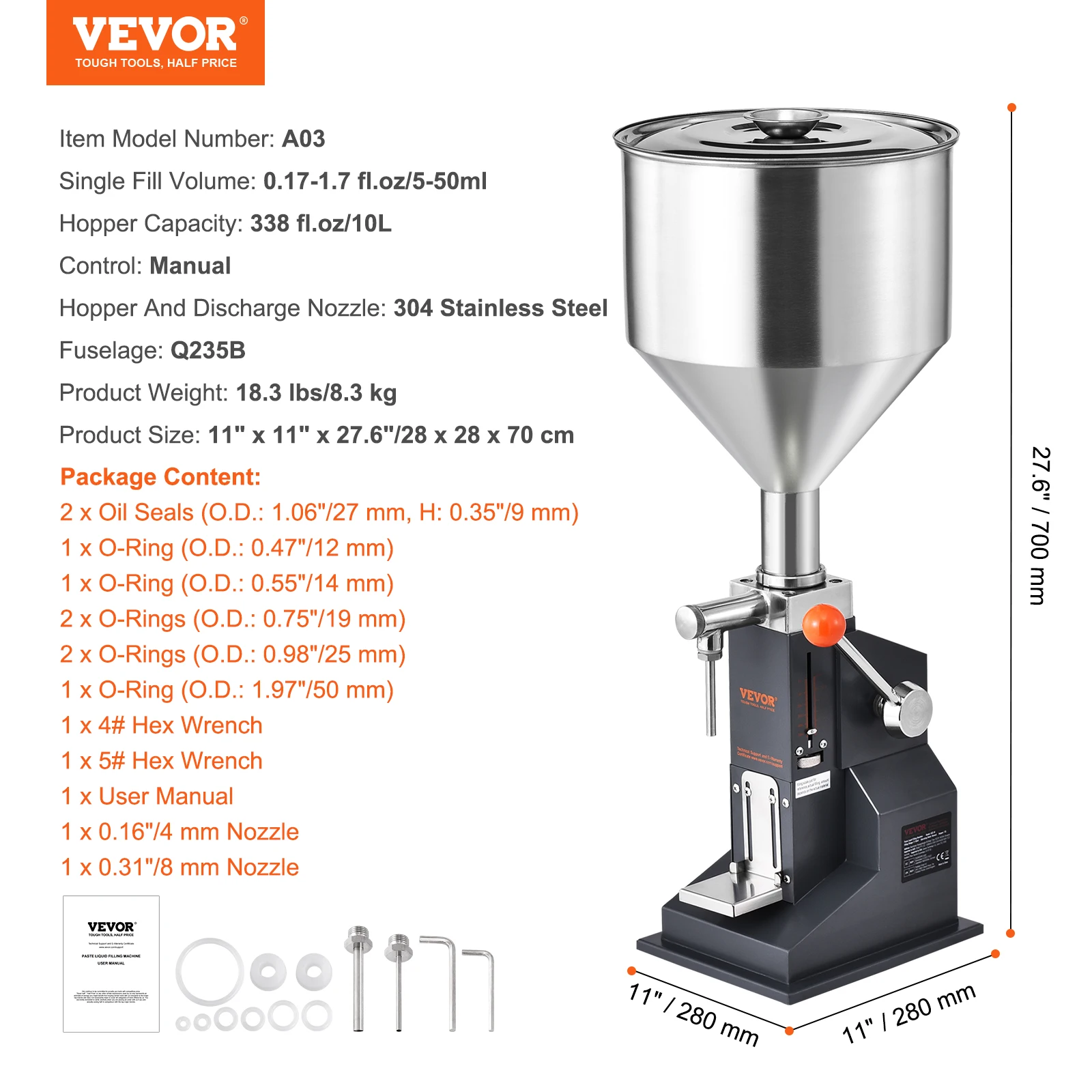 SucceBuy A03 5-50 ml/5-100 ml Handmatige vloeistofvulmachine Pasta Flessenvuller Verstelbaar met trechter voor watershampoo Honing - afbeelding 1