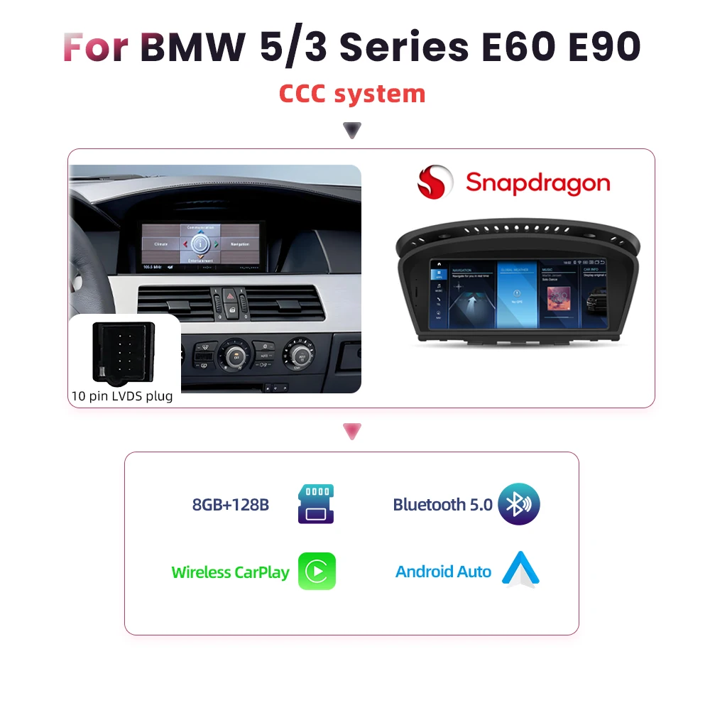 Bonroad Android Auto Radio Carplay 8Gb 128Gb Voor Bmw 5 Series E60 E61 E63 E64 E64 E90 E91 E92 E93 Ccc Multimedia Gps Navigatie