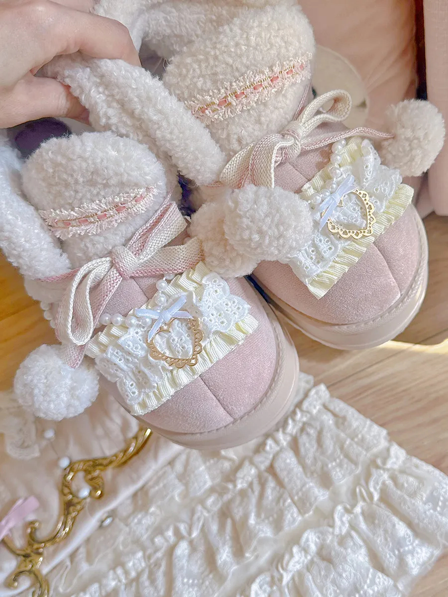 

Japanese Original Sweet Lolita Short Boots Kawaii Bow Lace Hairball Platform Snow Boots Winter Velvet Thickened Warm Women Shoes