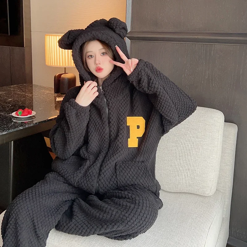 150Kg Plus Size Coral Hooded Pajamas Set Women Autumn Winter Thick Warm Plush 2 Piece Pant Home Suit Loose Zipper Sleepwear