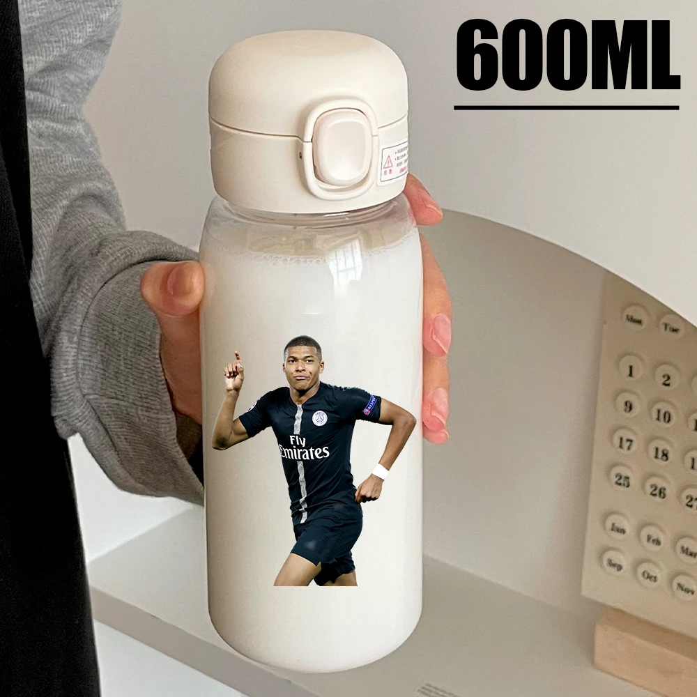 Football Star 600ML Mbappe Drinking Bottle Water Coffee Cup Portable Outdoor Sports Flip Cover Transparent Cup with Straw Gift